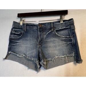 Free People Size 27 Blue Cut‎ Off Short Button Up Distress